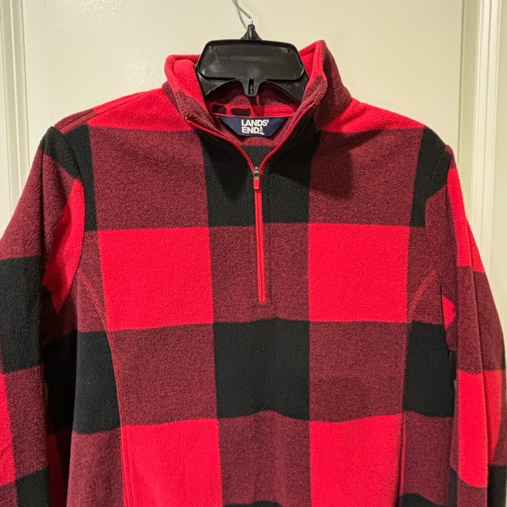 Land’s End Quarter Zip Buffalo Plaid Pullover Top Size Medium Red Black - Picture 3 of 4
